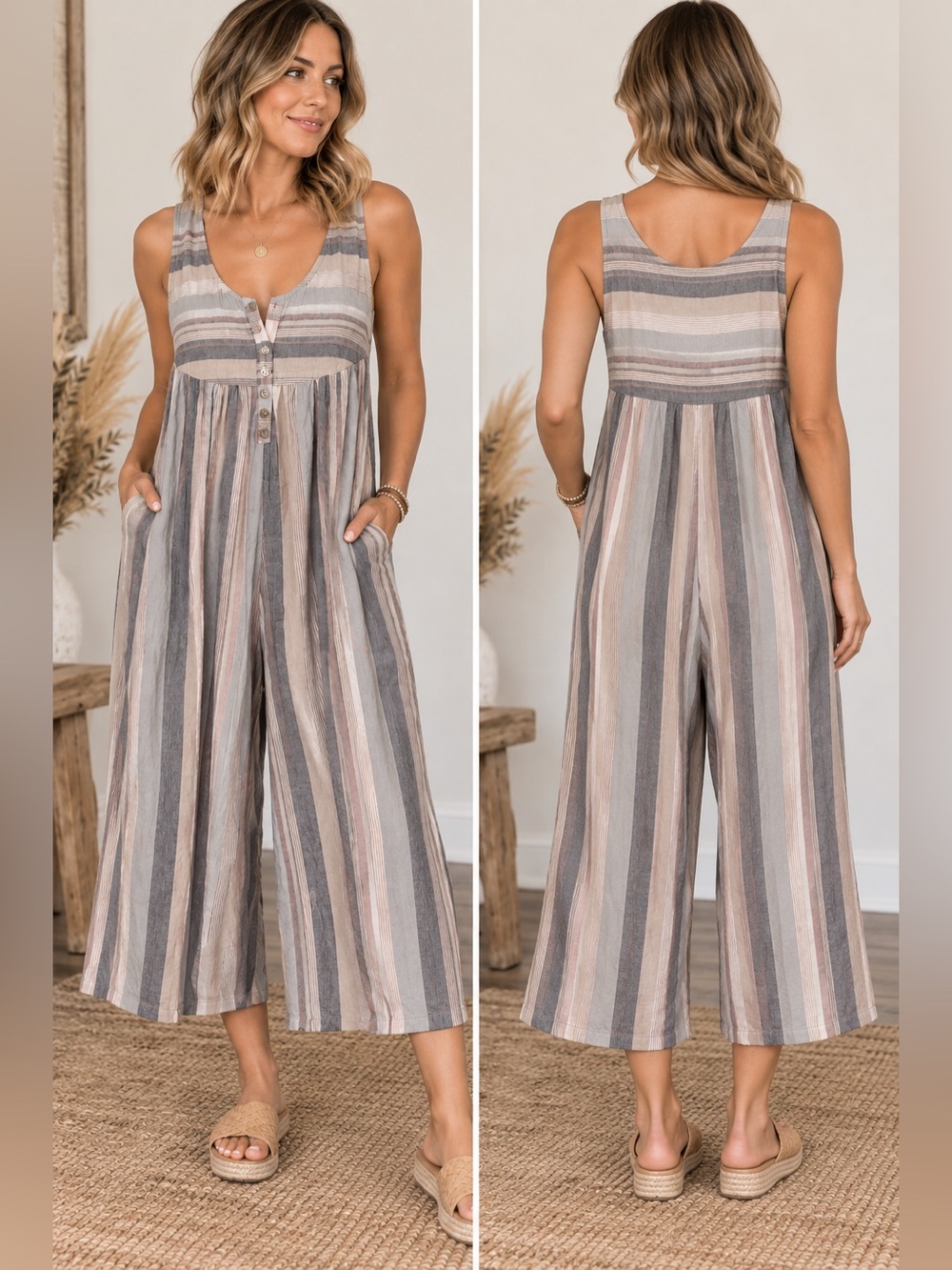 Easel Striped Cotton Wide Leg Cropped Jumpsuit Boho Size Large